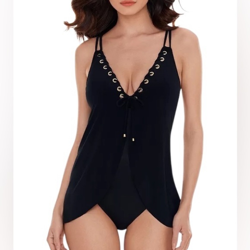 Magicsuit Black Lace-Up V-Neck One-Piece Swimdress